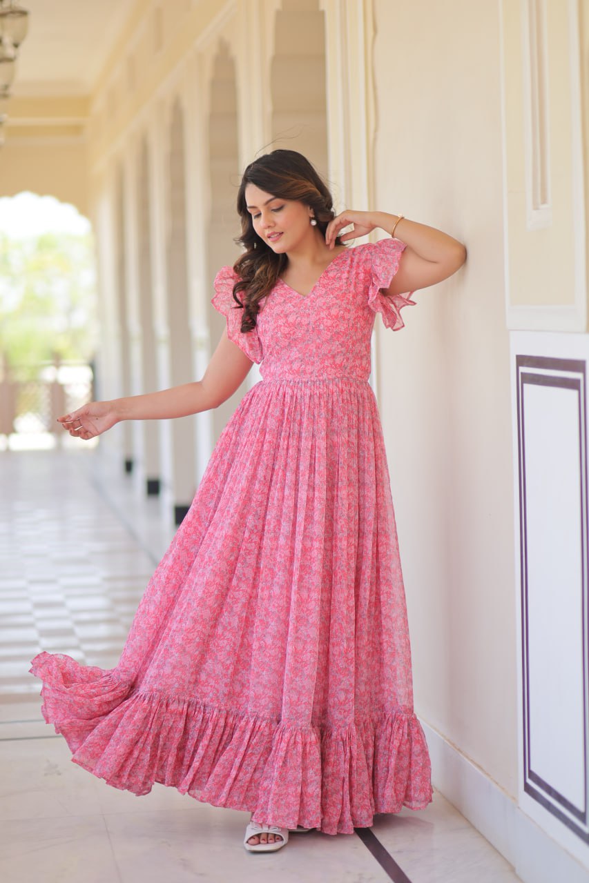 Pink Elegant Printed Faux Georgette Gown with Bell Sleeves & V-Neck
