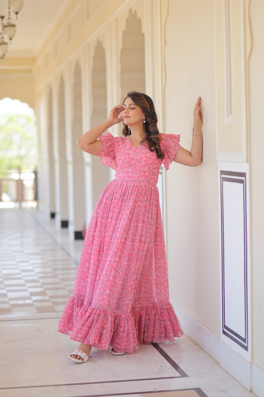 Pink Elegant Printed Faux Georgette Gown with Bell Sleeves & V-Neck