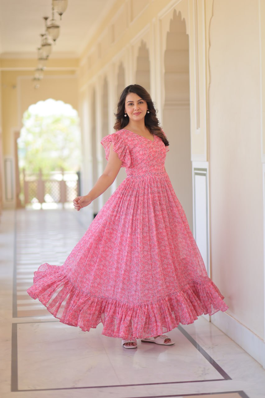Pink Elegant Printed Faux Georgette Gown with Bell Sleeves & V-Neck