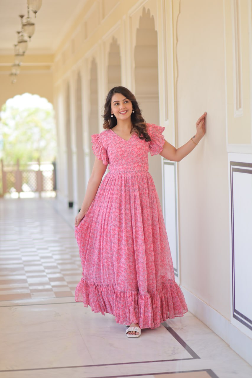 Pink Elegant Printed Faux Georgette Gown with Bell Sleeves & V-Neck