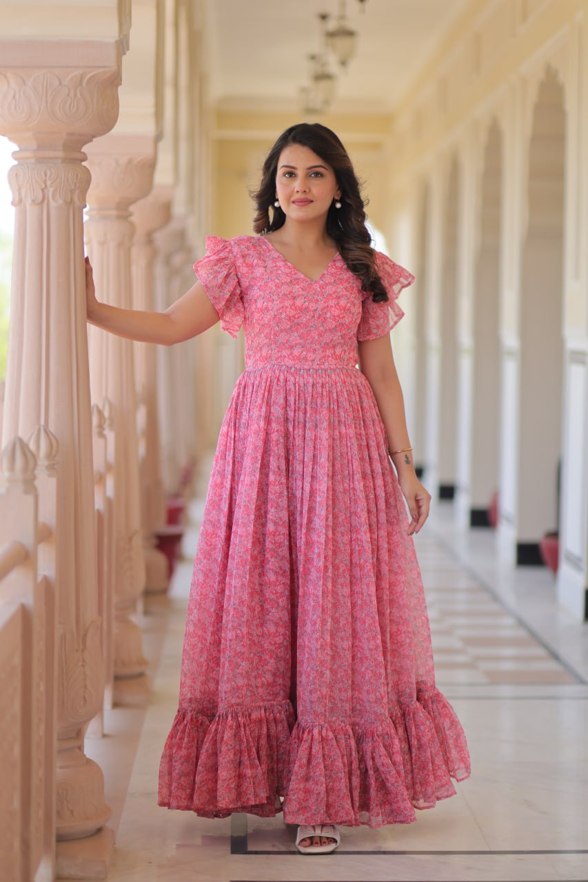 Pink Elegant Printed Faux Georgette Gown with Bell Sleeves & V-Neck