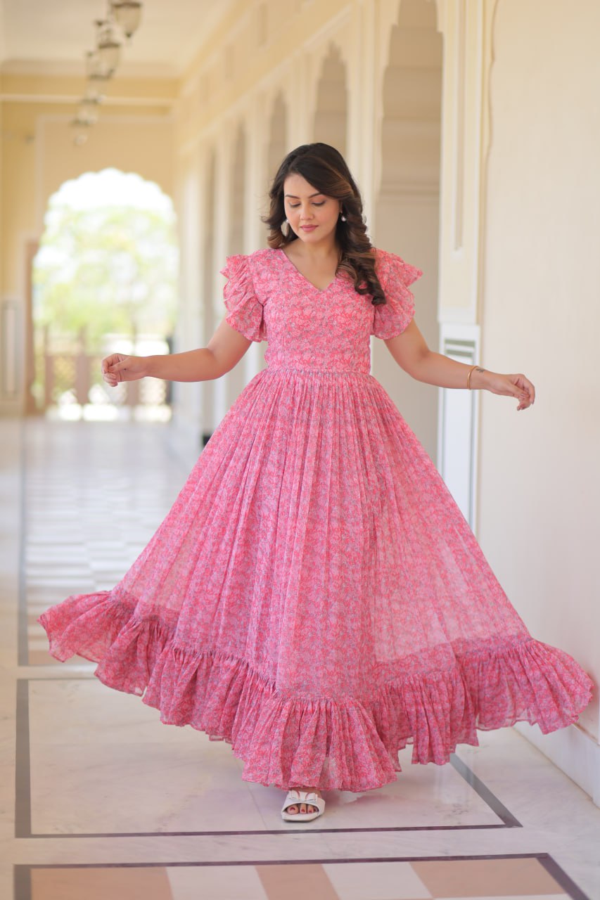 Pink Elegant Printed Faux Georgette Gown with Bell Sleeves & V-Neck