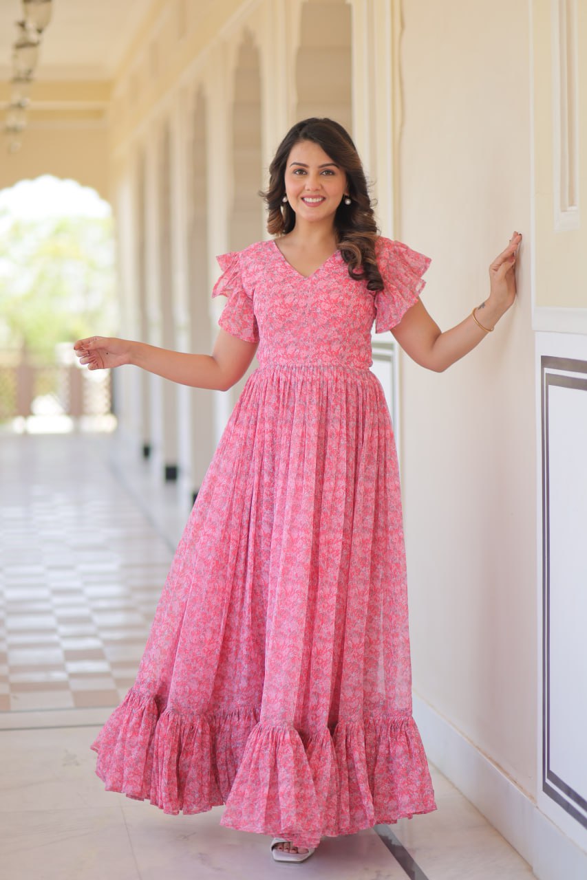 Pink Elegant Printed Faux Georgette Gown with Bell Sleeves & V-Neck