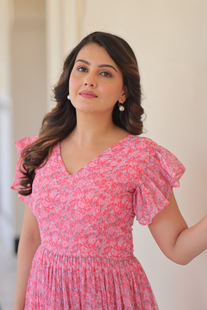 Pink Elegant Printed Faux Georgette Gown with Bell Sleeves & V-Neck