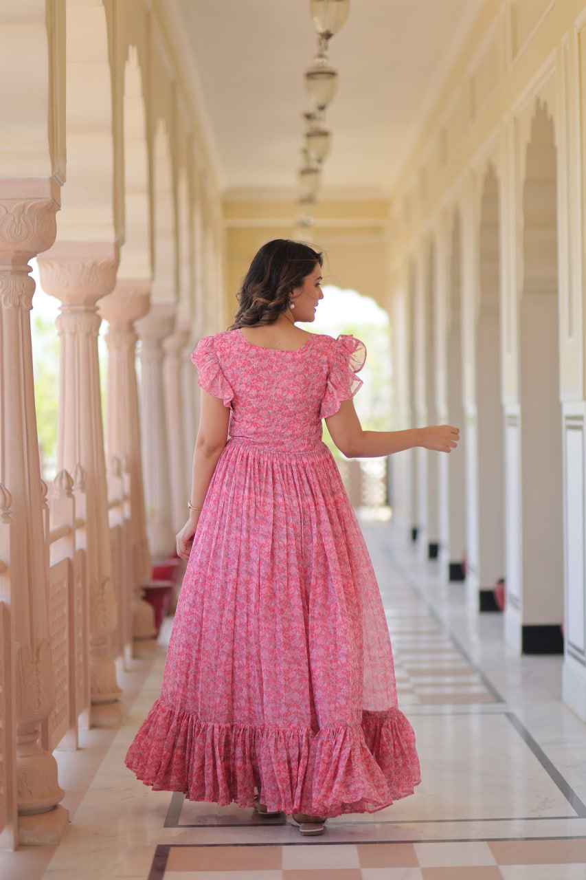 Pink Elegant Printed Faux Georgette Gown with Bell Sleeves & V-Neck