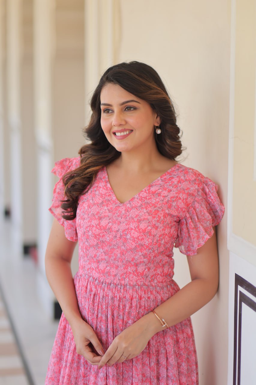 Pink Elegant Printed Faux Georgette Gown with Bell Sleeves & V-Neck