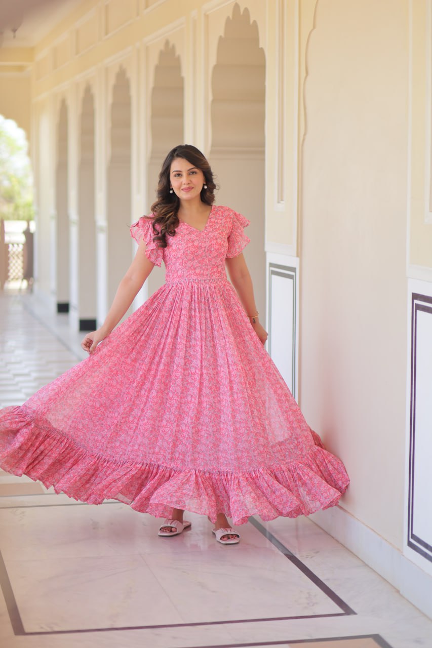 Pink Elegant Printed Faux Georgette Gown with Bell Sleeves & V-Neck