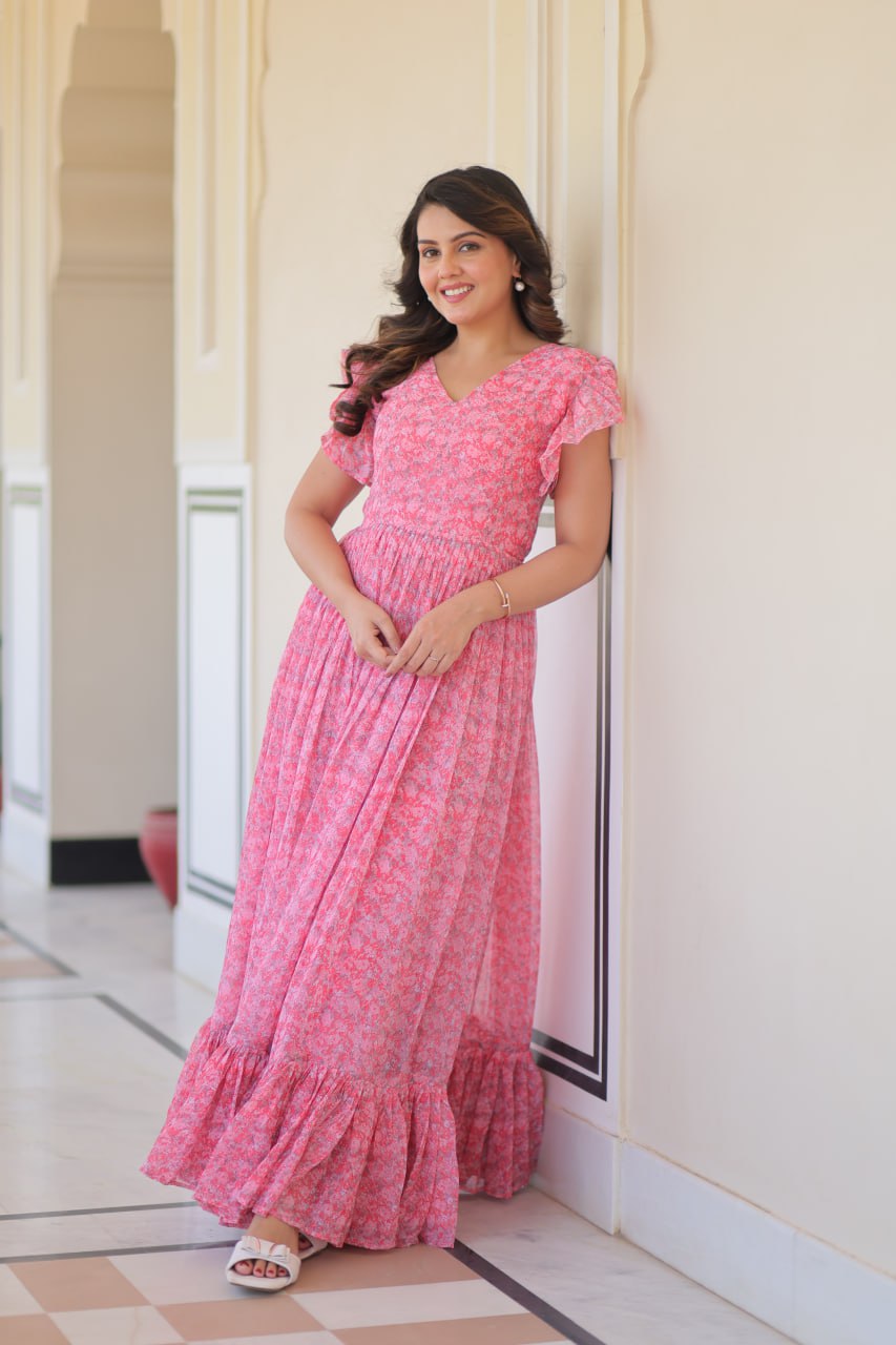 Pink Elegant Printed Faux Georgette Gown with Bell Sleeves & V-Neck