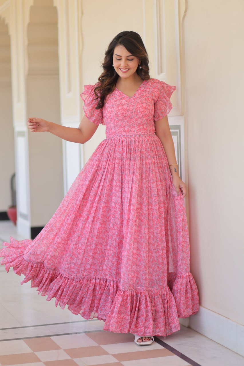 Pink Elegant Printed Faux Georgette Gown with Bell Sleeves & V-Neck