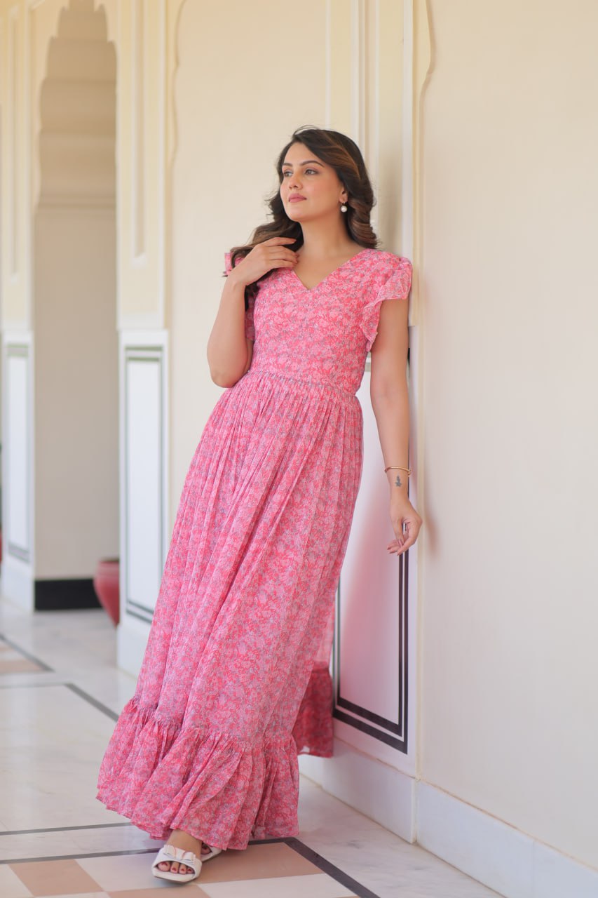 Pink Elegant Printed Faux Georgette Gown with Bell Sleeves & V-Neck
