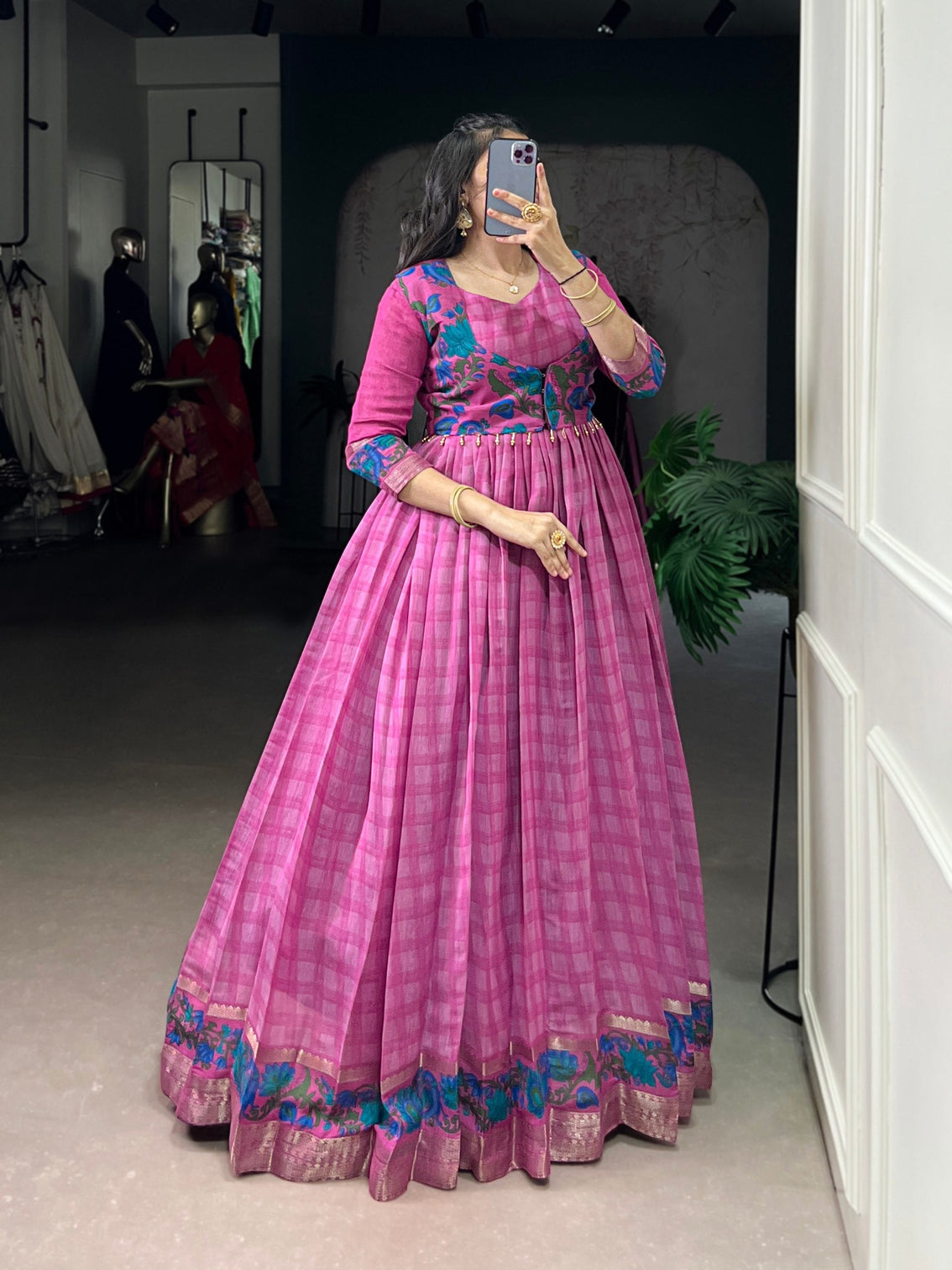 Pink Elegant Printed Polyester Viscose Chanderi Gown with Zari Weaving and Lace-Touched Koti – Stitched Set