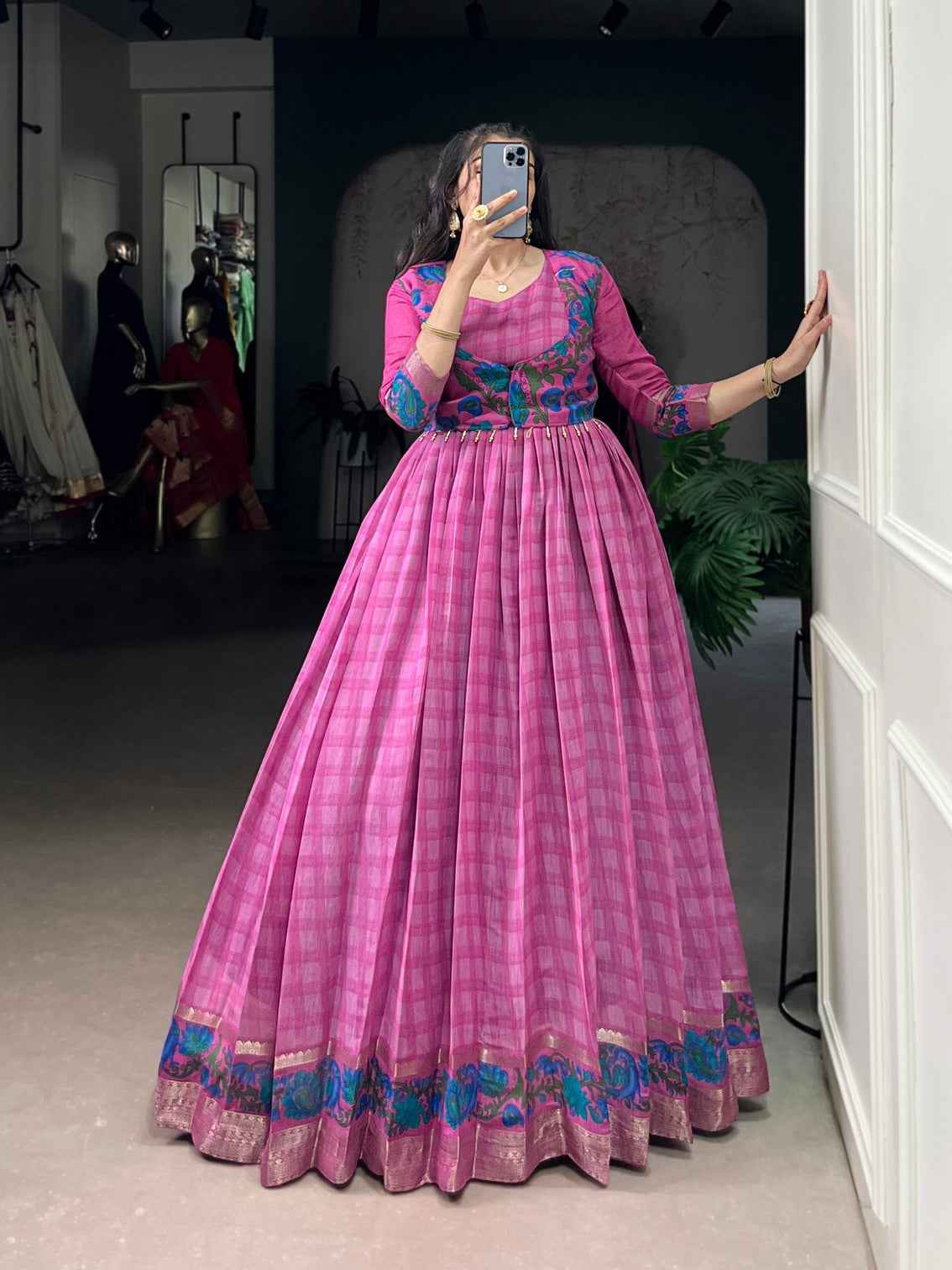 Pink Elegant Printed Polyester Viscose Chanderi Gown with Zari Weaving and Lace-Touched Koti – Stitched Set