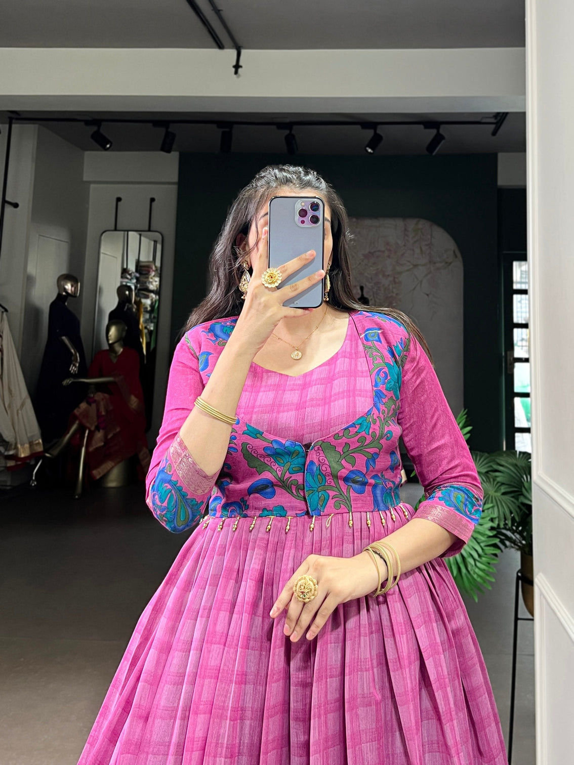 Pink Elegant Printed Polyester Viscose Chanderi Gown with Zari Weaving and Lace-Touched Koti – Stitched Set