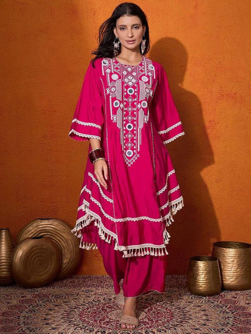 Pink Elegant Reyon Cotton Top & Plazo Set with Real Mirror Work and Fancy Lace Latkan