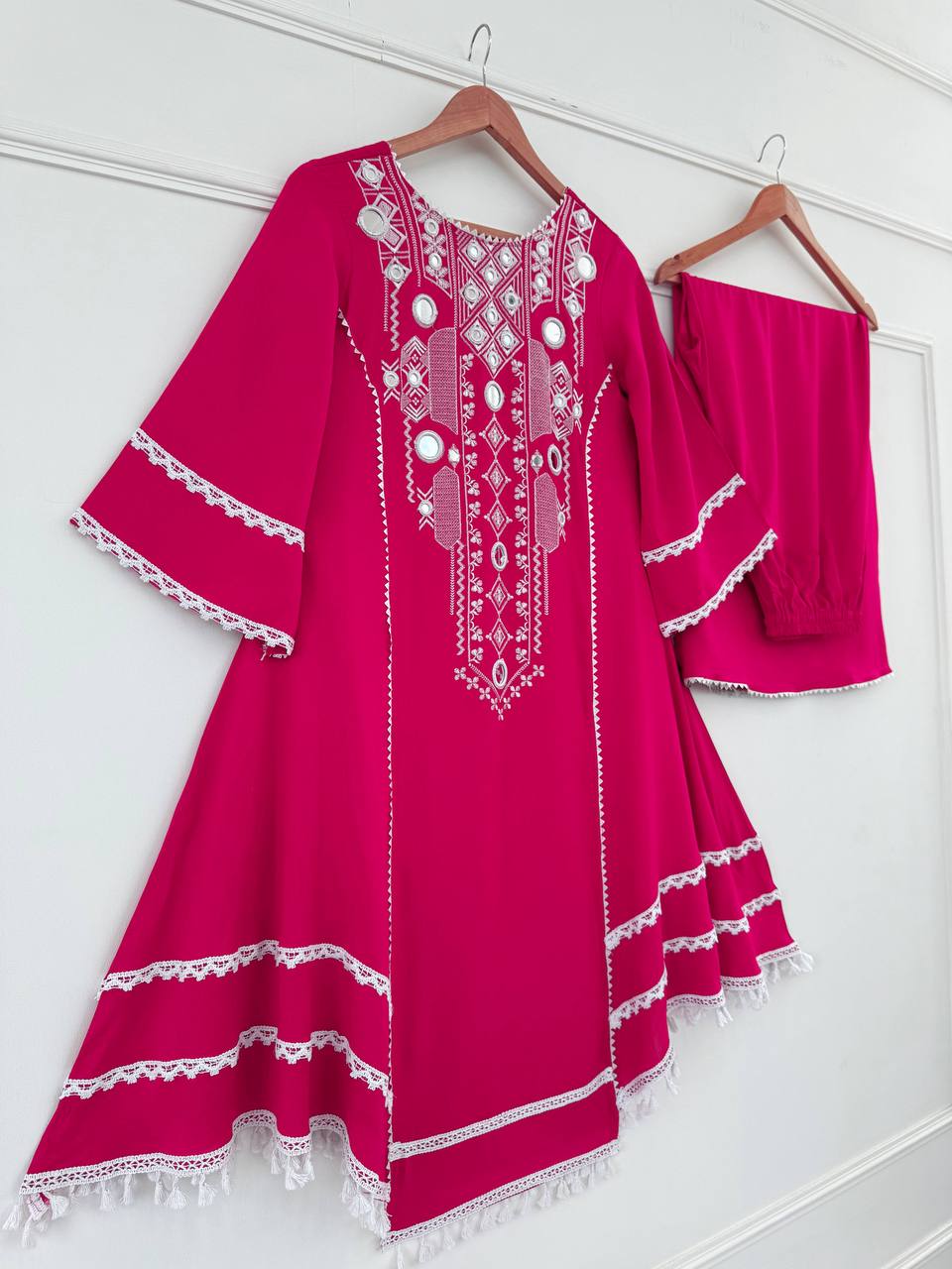 Pink Elegant Reyon Cotton Top & Plazo Set with Real Mirror Work and Fancy Lace Latkan