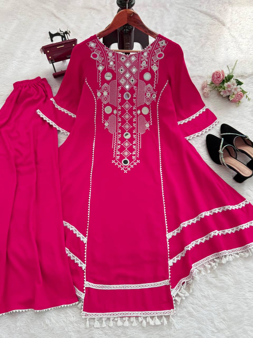 Pink Elegant Reyon Cotton Top & Plazo Set with Real Mirror Work and Fancy Lace Latkan