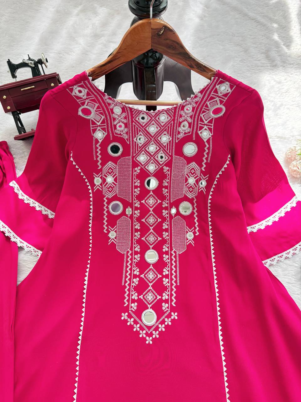 Pink Elegant Reyon Cotton Top & Plazo Set with Real Mirror Work and Fancy Lace Latkan