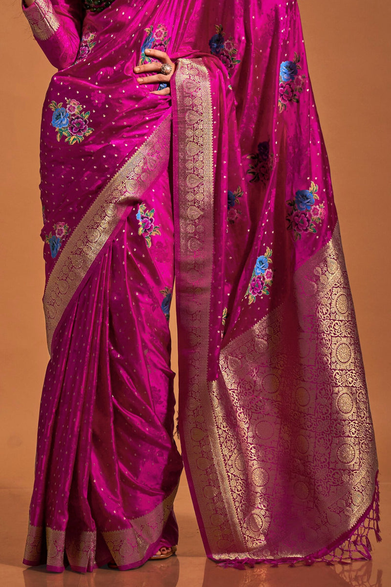 Pink Elegant Satin Traditional Saree with Zari & Thread Work