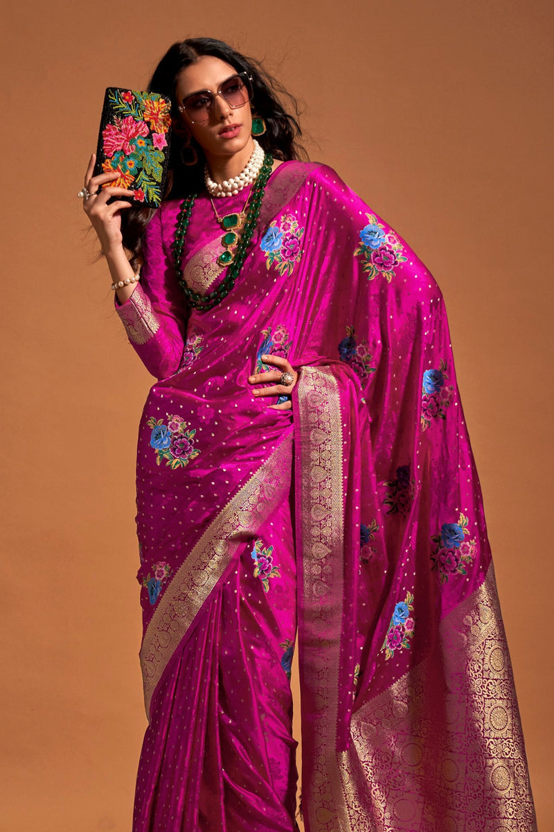 Pink Elegant Satin Traditional Saree with Zari & Thread Work