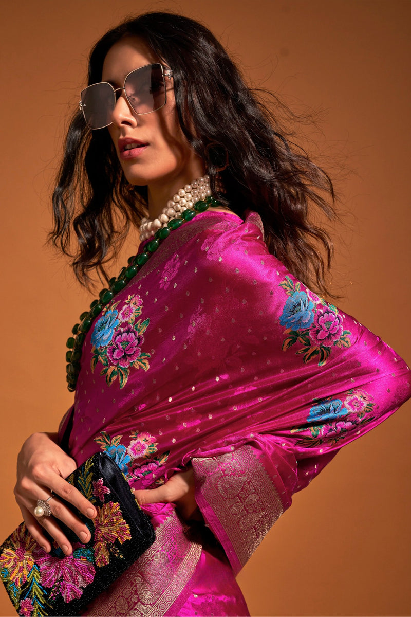 Pink Elegant Satin Traditional Saree with Zari & Thread Work