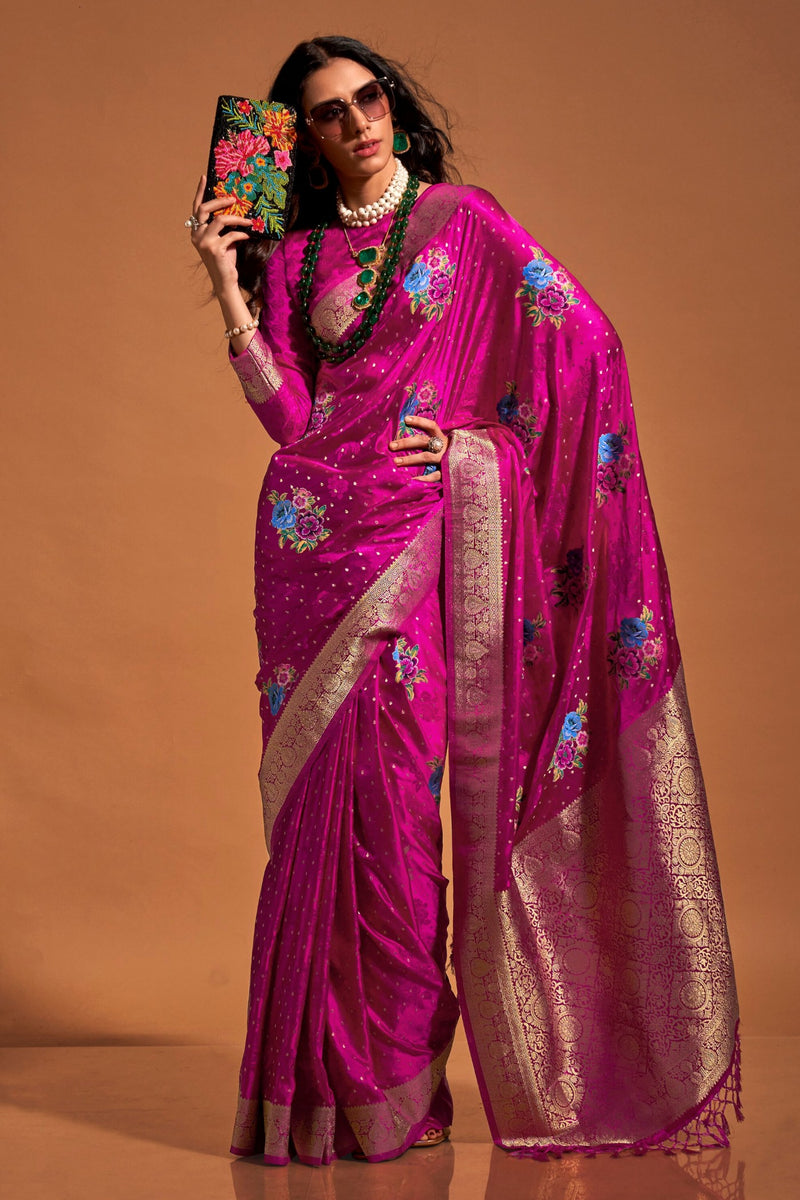 Pink Elegant Satin Traditional Saree with Zari & Thread Work