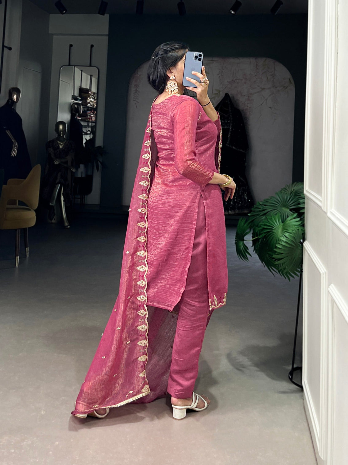 Pink Elegant Silver Glory Embroidered Suit Set – Sequins & Thread Work with Roman Silk Bottom