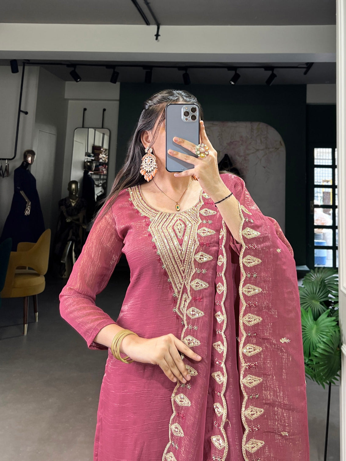 Pink Elegant Silver Glory Embroidered Suit Set – Sequins & Thread Work with Roman Silk Bottom