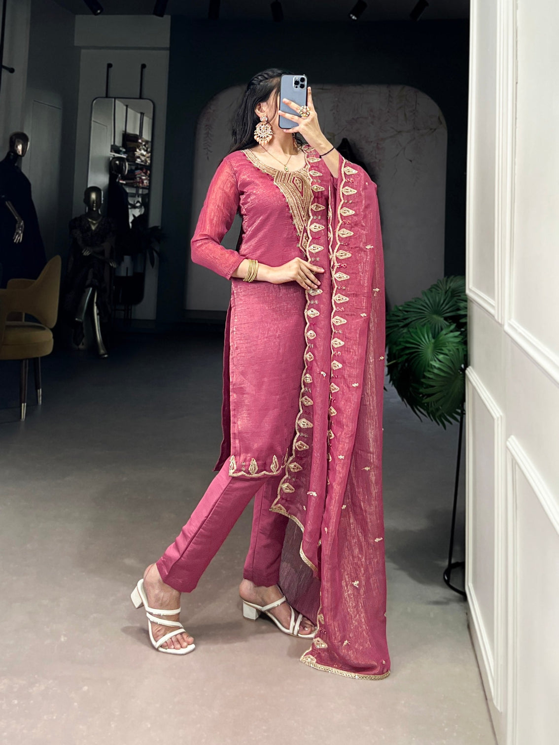 Pink Elegant Silver Glory Embroidered Suit Set – Sequins & Thread Work with Roman Silk Bottom