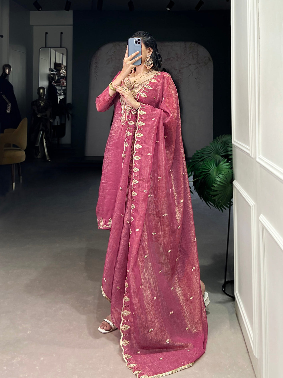 Pink Elegant Silver Glory Embroidered Suit Set – Sequins & Thread Work with Roman Silk Bottom