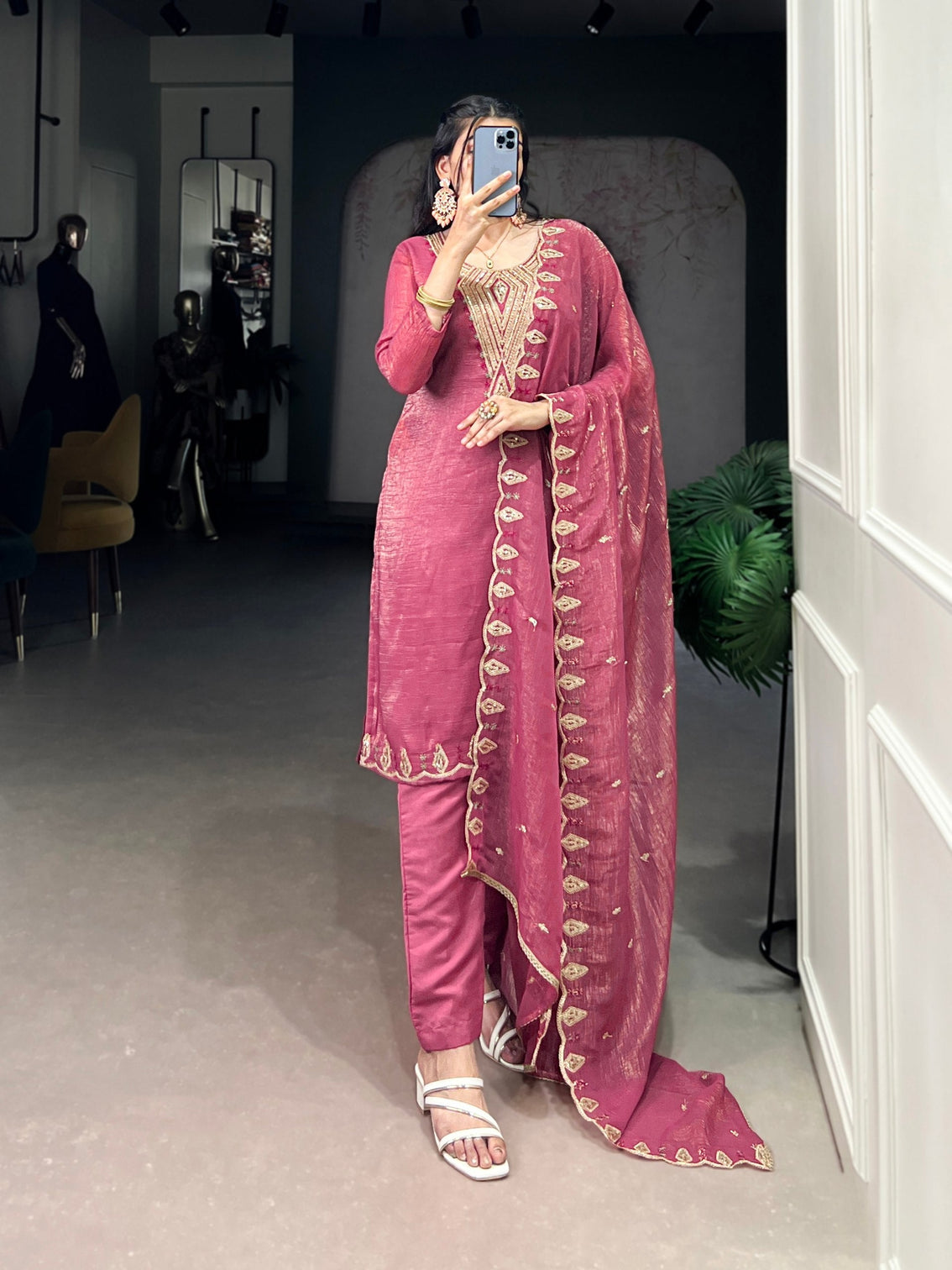 Pink Elegant Silver Glory Embroidered Suit Set – Sequins & Thread Work with Roman Silk Bottom