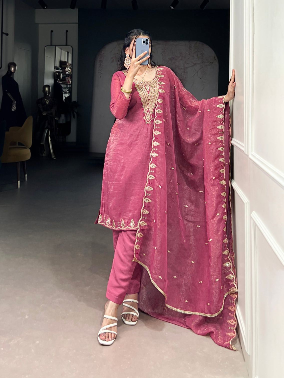 Pink Elegant Silver Glory Embroidered Suit Set – Sequins & Thread Work with Roman Silk Bottom