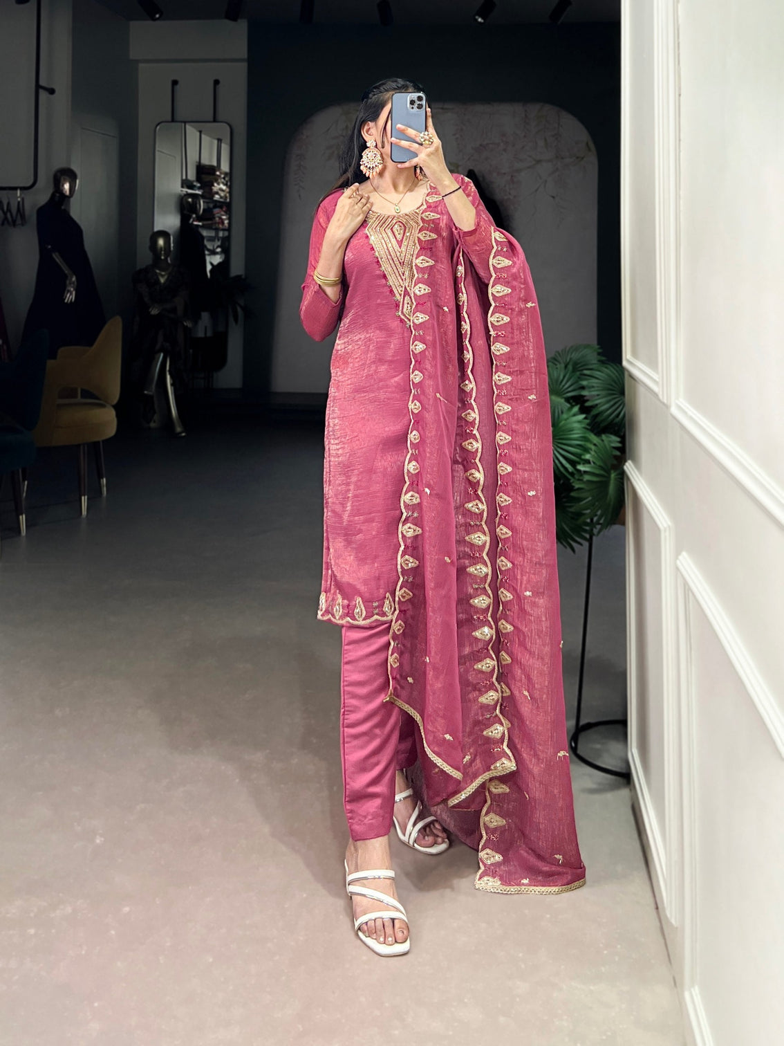Pink Elegant Silver Glory Embroidered Suit Set – Sequins & Thread Work with Roman Silk Bottom
