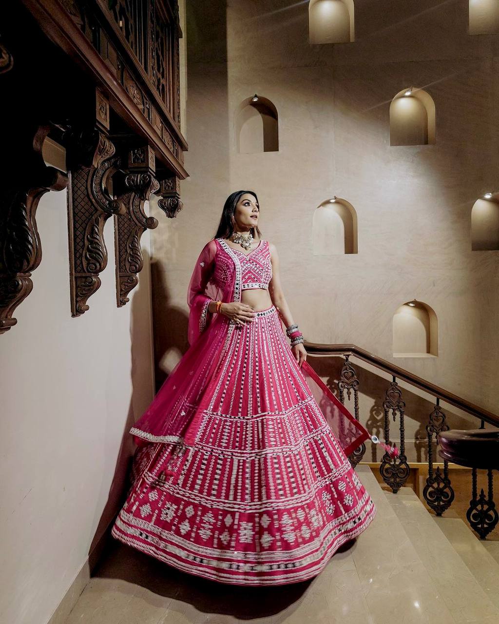 Pink Elegant Slub Silk Lehenga Set with Thread & Paper Mirror Work – Unstitched Blouse & Net Dupatta