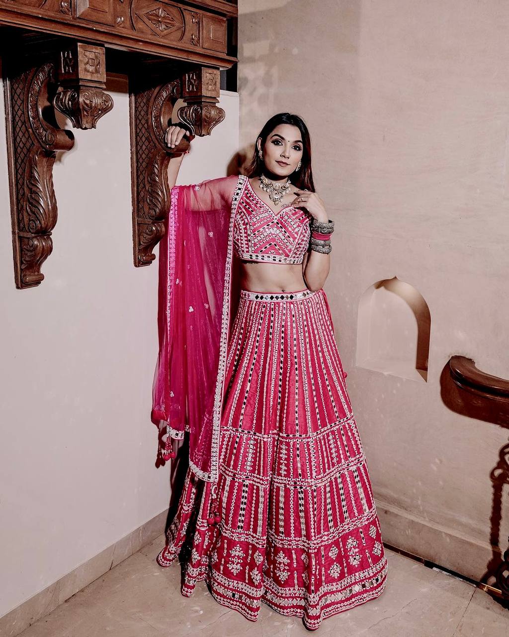 Pink Elegant Slub Silk Lehenga Set with Thread & Paper Mirror Work – Unstitched Blouse & Net Dupatta