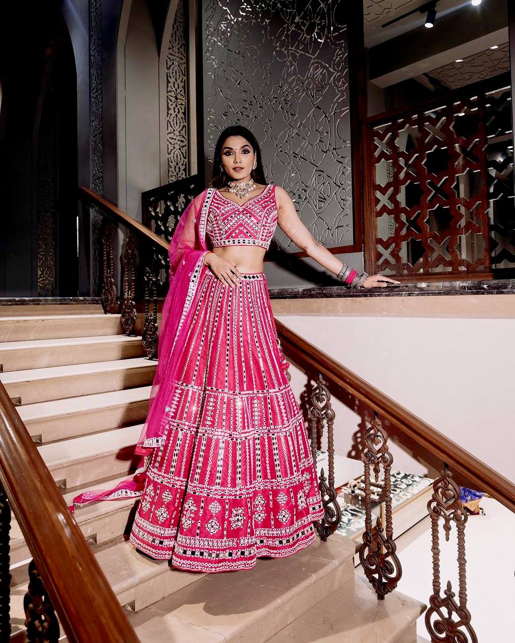 Pink Elegant Slub Silk Lehenga Set with Thread & Paper Mirror Work – Unstitched Blouse & Net Dupatta