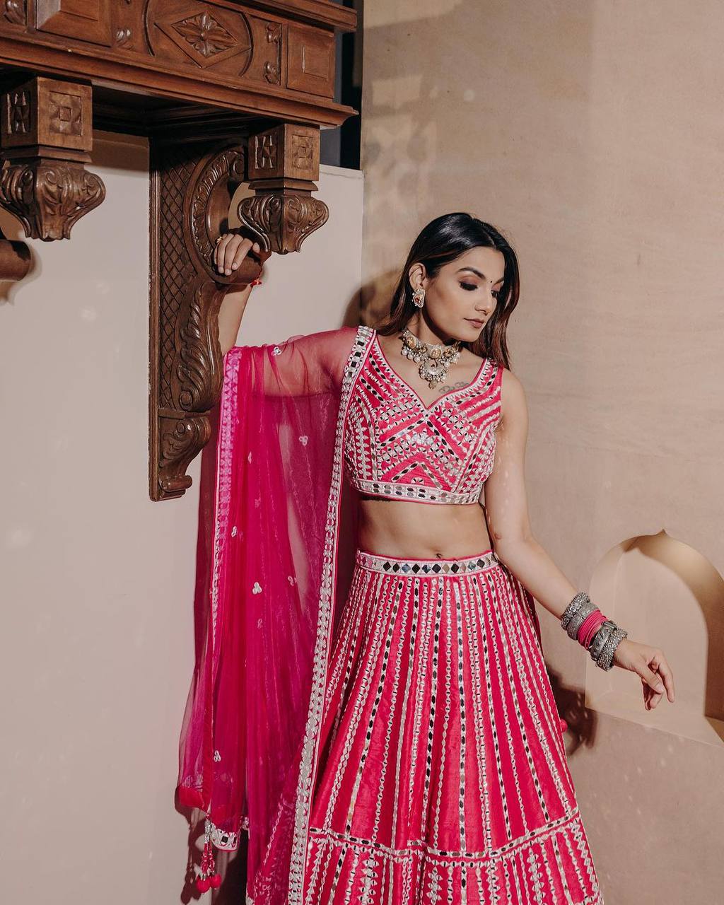Pink Elegant Slub Silk Lehenga Set with Thread & Paper Mirror Work – Unstitched Blouse & Net Dupatta