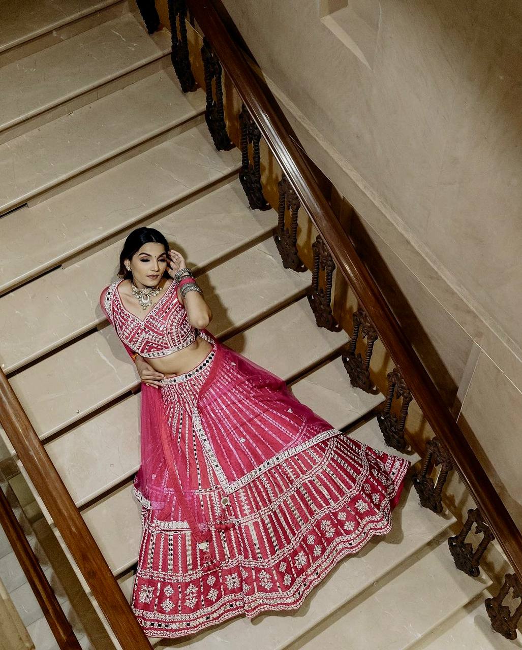 Pink Elegant Slub Silk Lehenga Set with Thread & Paper Mirror Work – Unstitched Blouse & Net Dupatta