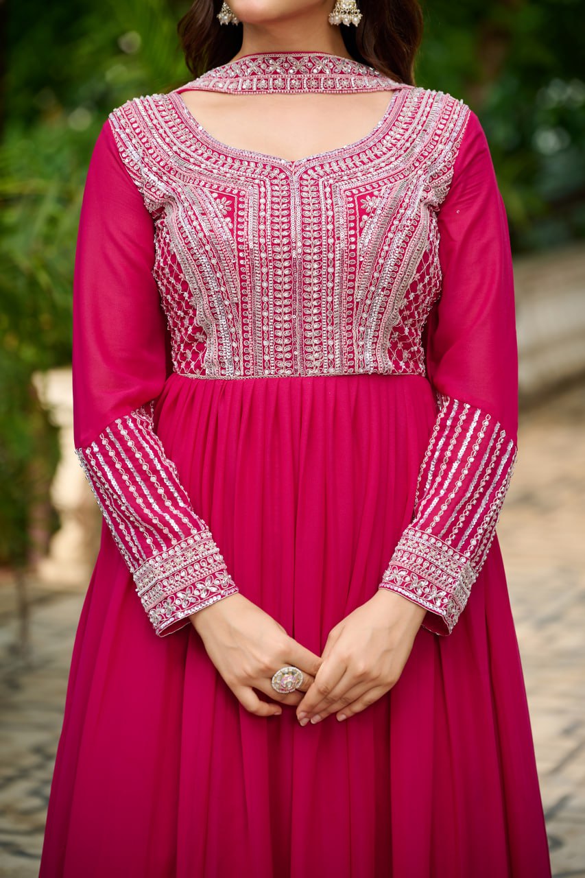 Pink Elegant Star Georgette Embroidered Gown with Dupatta – Beads & Sequins Work