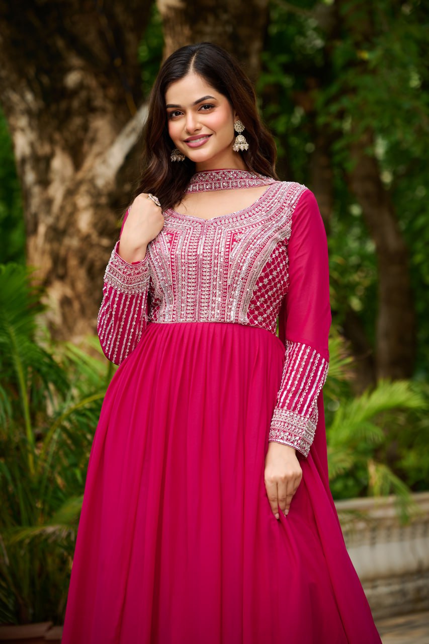 Pink Elegant Star Georgette Embroidered Gown with Dupatta – Beads & Sequins Work