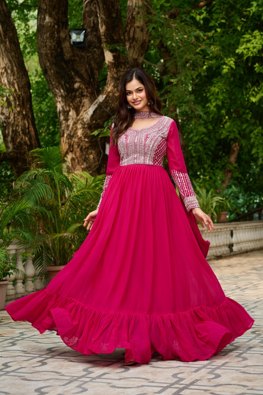 Pink Elegant Star Georgette Embroidered Gown with Dupatta – Beads & Sequins Work