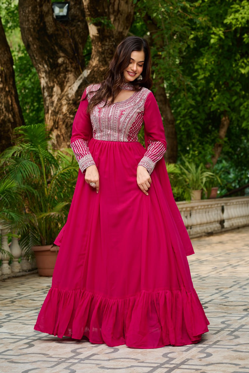 Pink Elegant Star Georgette Embroidered Gown with Dupatta – Beads & Sequins Work