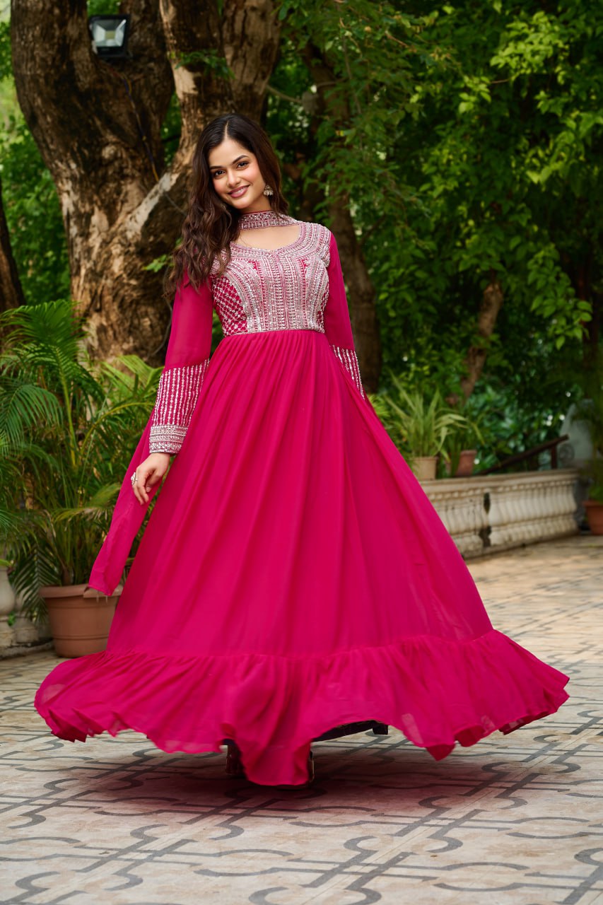 Pink Elegant Star Georgette Embroidered Gown with Dupatta – Beads & Sequins Work