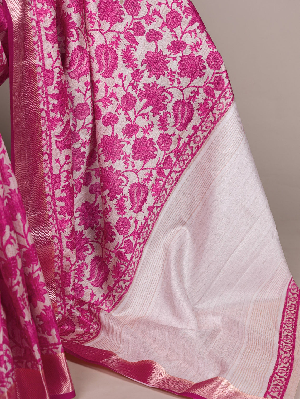 Pink Elegant Tasar Silk Printed Saree with Viscose Border & Matching Unstitched Blouse – Premium Traditional Party & Festive Wear