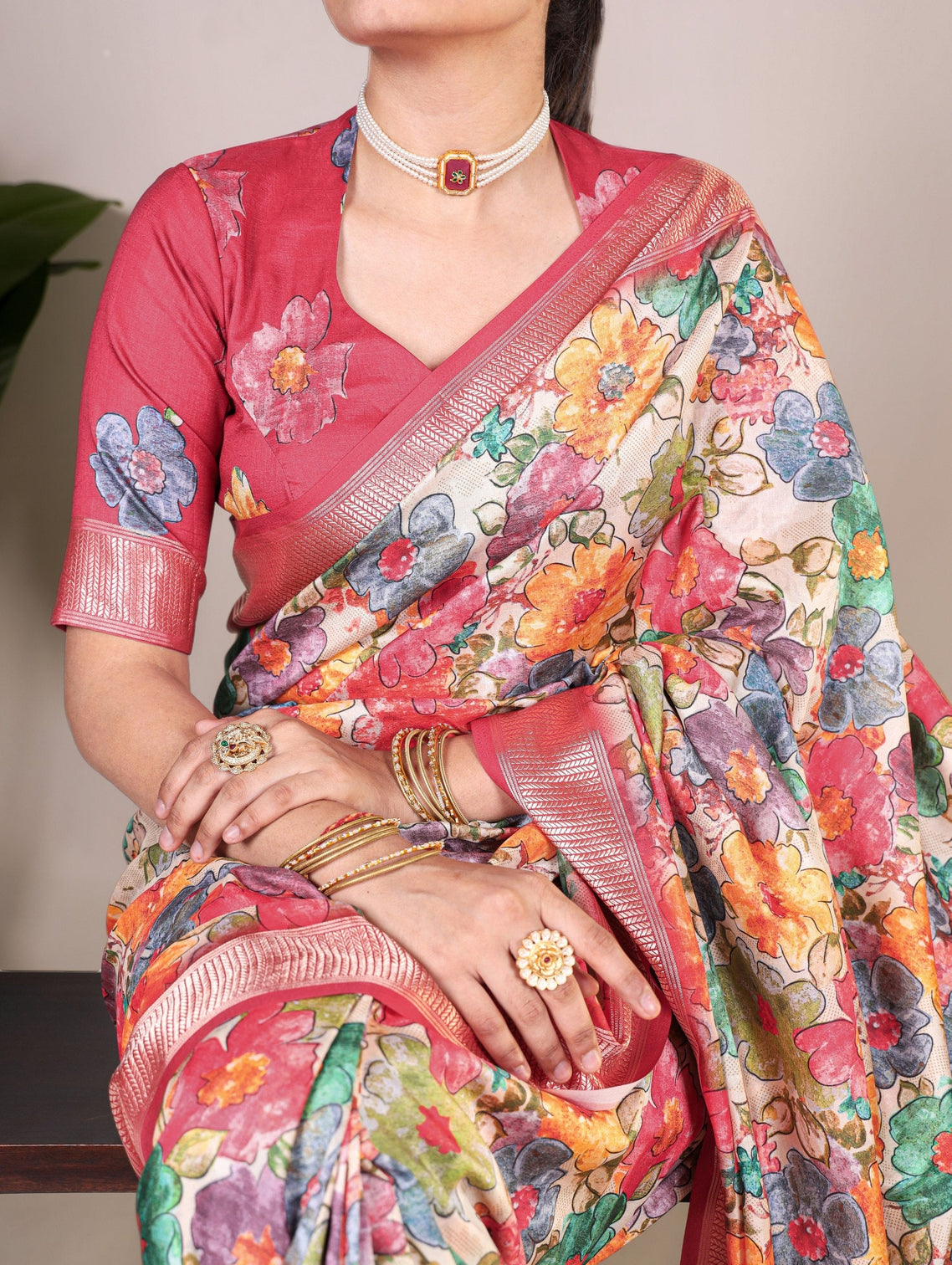 Pink Elegant Tussar Silk Floral Printed Saree with Viscose Border