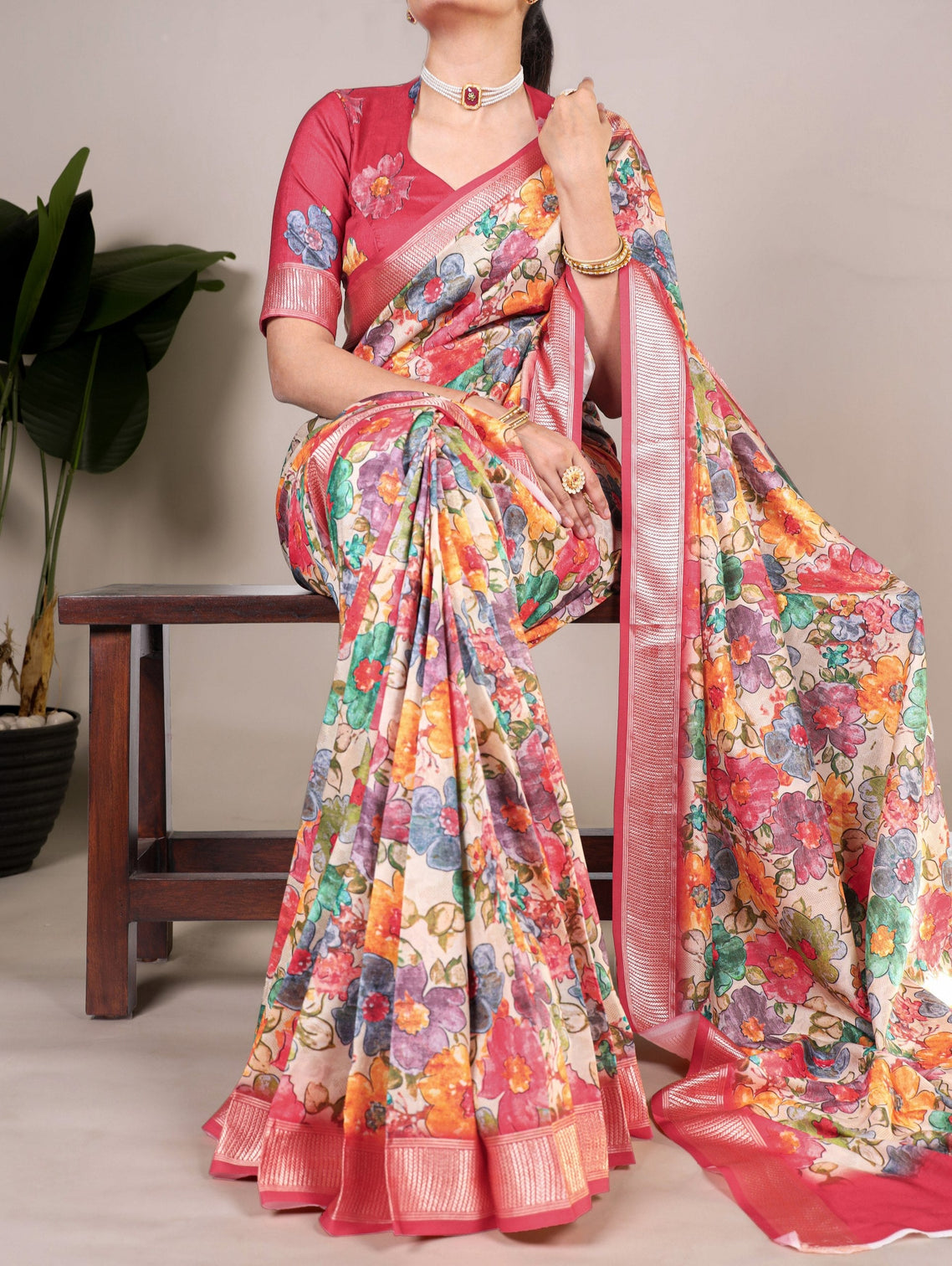 Pink Elegant Tussar Silk Floral Printed Saree with Viscose Border
