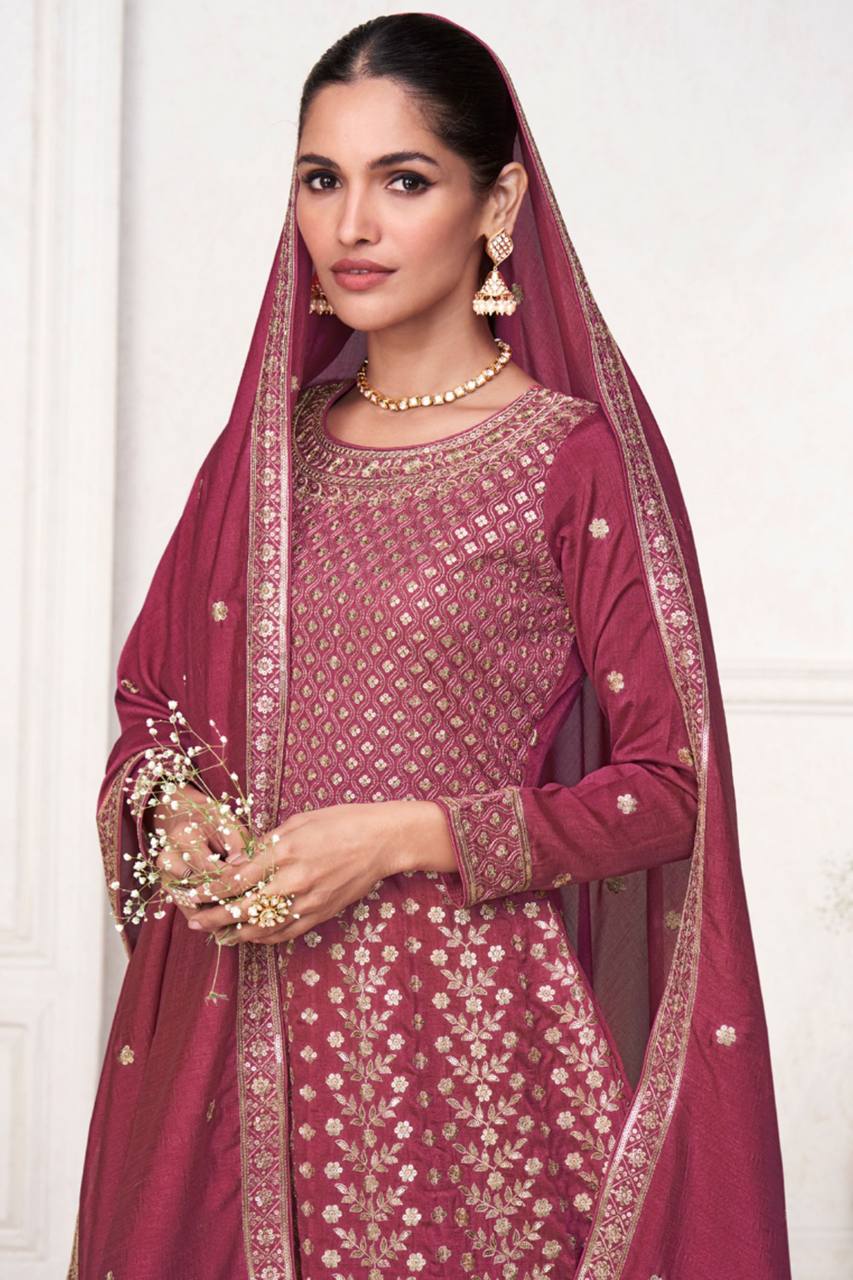 Pink Elegant Vichitra Embroidered Suit Set – Full Stitched with Dupatta