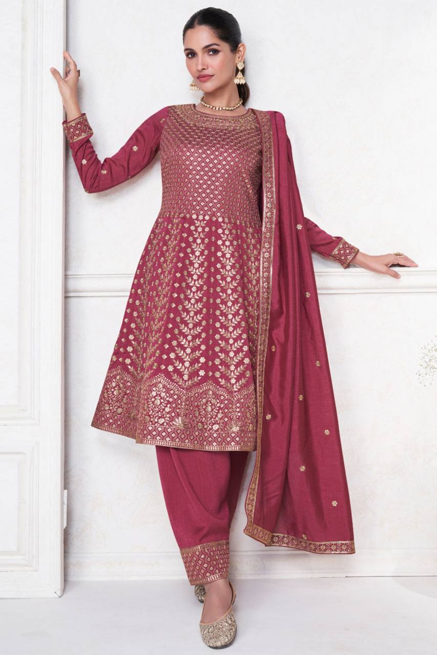 Pink Elegant Vichitra Embroidered Suit Set – Full Stitched with Dupatta