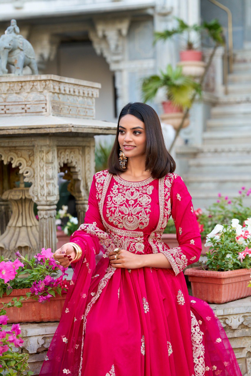 Pink Elegant Vichitra Silk Embroidered Gown with Net Dupatta