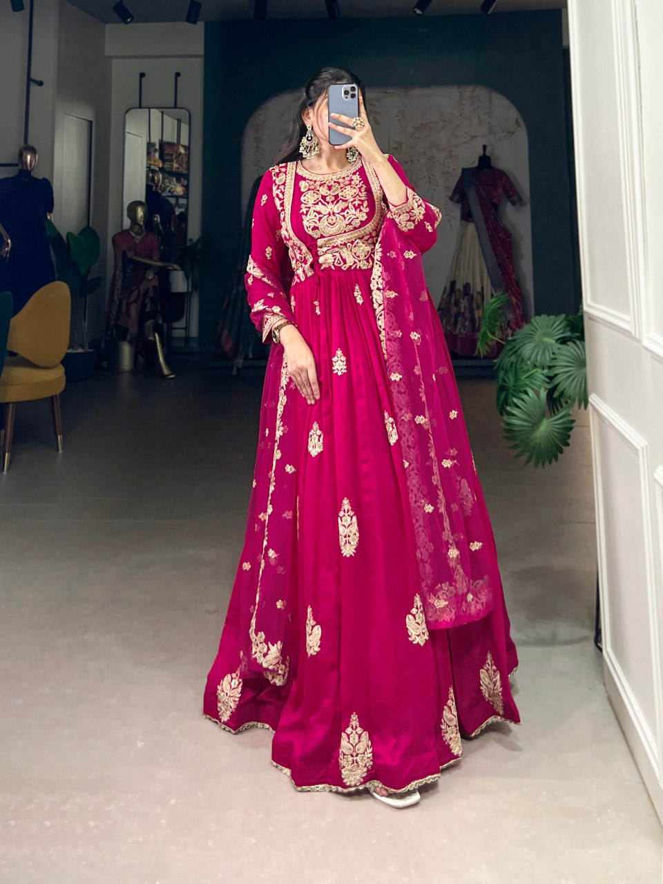 Pink Elegant Vichitra Silk Embroidered Gown with Net Dupatta