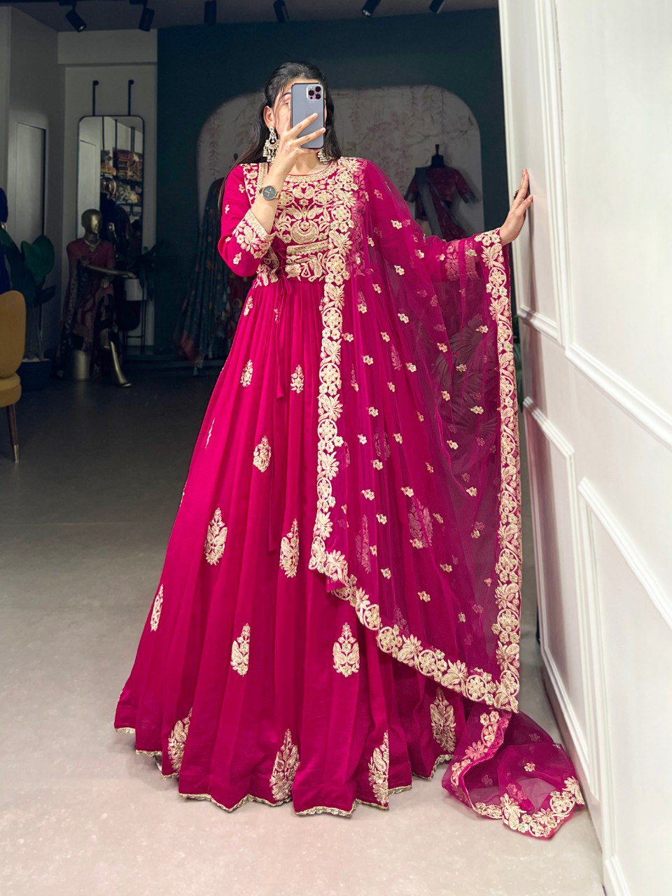 Pink Elegant Vichitra Silk Embroidered Gown with Net Dupatta